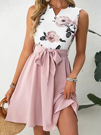 Reka Moda Kadın Sıfır Kollu V Yakalı çiçek Baskılı Beli Kuşaklı Dalgıç Elbise