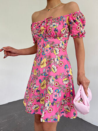 Reka Moda Yakası Lastikli Bağcık Detaylı Mini Elbise -Pembe