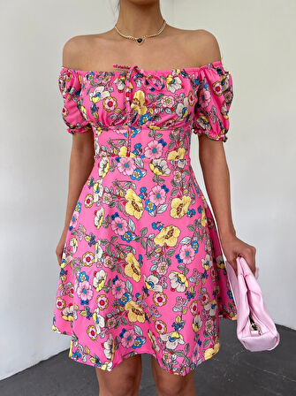 Reka Moda Yakası Lastikli Bağcık Detaylı Mini Elbise -Pembe