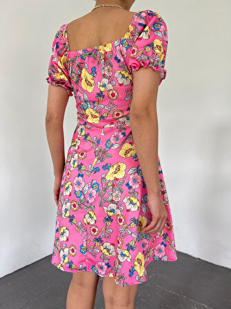 Reka Moda Yakası Lastikli Bağcık Detaylı Mini Elbise -Pembe