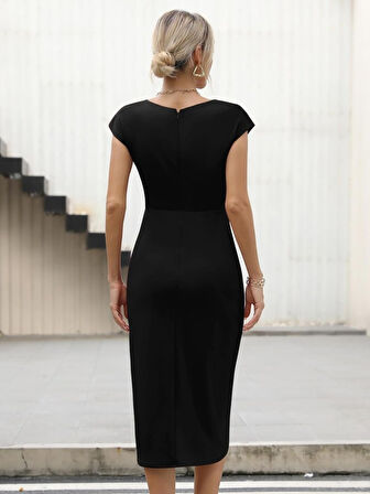 Reka Moda Kadın Yarım Ay Kollu Bisiklet Yaka Yandan Drapeli Ithal Krep Elbise