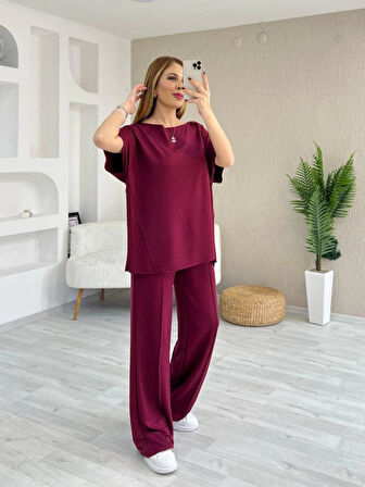 Reka Moda Kadın Kısa Kollu Kayık Yakalı Dikiş Izi Detaylı Viskon Iki Iplik Bluz Ve Pantolon Ikili Takım