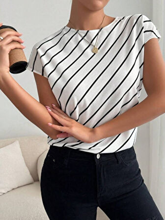 Reka Moda Kadın Kısa Yarasa Kollu Bisiklet Yaka çizgi Desenli Atlas Bluz