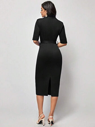 Reka Moda Kadın Kısa Kollu Yakalı Kruvaze Yakalı Beli Kemerli Midi Modal Elbise