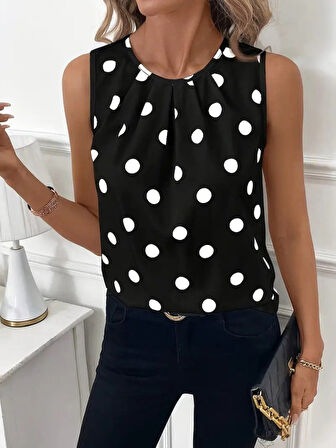 Reka Moda Kadın Askılı Yakası Büzgülü Puantiyeli Atlas Bluz