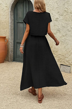 Reka Moda Kadın Kısa Kollu Bisiklet Yaka Bluz Etekli Ithal Keten Ikili Takım