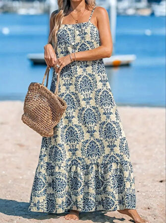 Reka Moda Kadın Ip Askılı Desenli Fırfırlı Süprem Elbise