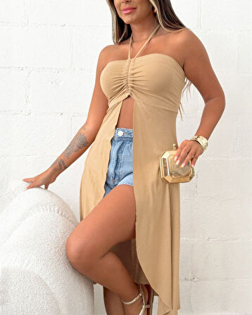 Reka Moda Kadın Straplez Boyundan Askılı Midi Bluz