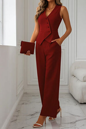 Reka Moda Kadın Sıfır Kollu çapraz V Yakalı önden Düğmeli Atlas Yelek Ve Pantolon Ikili Takım