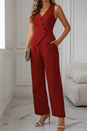 Reka Moda Kadın Sıfır Kollu çapraz V Yakalı önden Düğmeli Atlas Yelek Ve Pantolon Ikili Takım