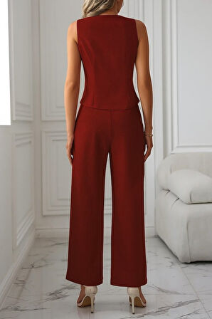 Reka Moda Kadın Sıfır Kollu çapraz V Yakalı önden Düğmeli Atlas Yelek Ve Pantolon Ikili Takım