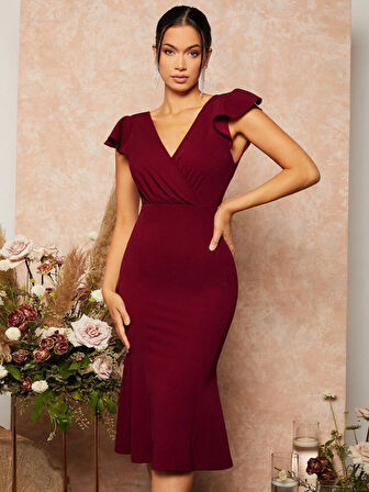 Reka Moda Kadın Kısa Kelebek Kollu Kruvaze Yaka Ithal Krep Midi Elbise