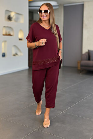 Reka Moda Kadın Kısa Kollu V Yakalı Pul Payetli Viskon Iki Iplik Bluz Ve Pantolon Ikili Takım