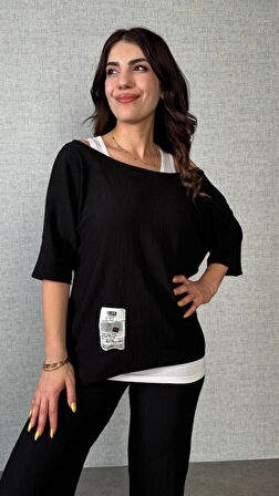 Reka Moda Kadın Kısa Kollu Omuzlardan Açık Yarasa Kollu Bürümcük Bluz Ve Pantolon Ve Viskon Atlet