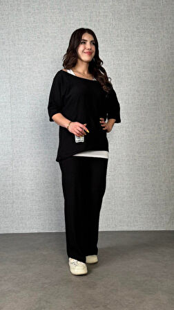 Reka Moda Kadın Kısa Kollu Omuzlardan Açık Yarasa Kollu Bürümcük Bluz Ve Pantolon Ve Viskon Atlet