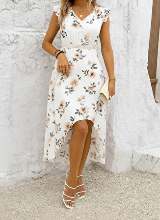 Reka Moda Kadın Kısa Kollu V Yakalı çiçek Desenli önü Kısa Arkası Uzun Pegasus Elbise