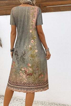 Reka Moda Kadın Kısa Kollu V Yakalı Desenli Süprem Elbise