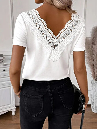 Reka Moda Kadın Kısa Kollu V Yakalı Arkası Dantelli Viskon Bluz