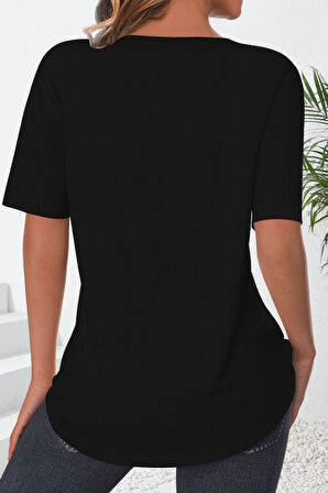 Reka Moda Kadın Kısa Kollu çentikli V Düğme Detaylı V Yaka önden Pileli Ithal Keten Bluz