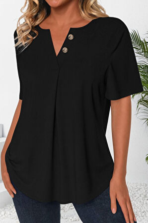 Reka Moda Kadın Kısa Kollu çentikli V Düğme Detaylı V Yaka önden Pileli Ithal Keten Bluz