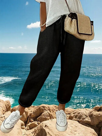 Reka Moda Kadın Yüksek Bel Lastikli Belde Bağcık Detaylı Aerobin Pantolon