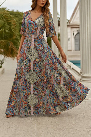 Reka Moda Kadın Kısa Kollu V Yakalı Desenli Süprem Elbise