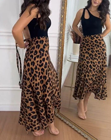 Reka Moda Kadın Belden Kuşaklı Desenli Süprem Etek