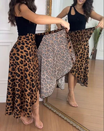 Reka Moda Kadın Belden Kuşaklı Desenli Süprem Etek