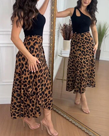 Reka Moda Kadın Belden Kuşaklı Desenli Süprem Etek