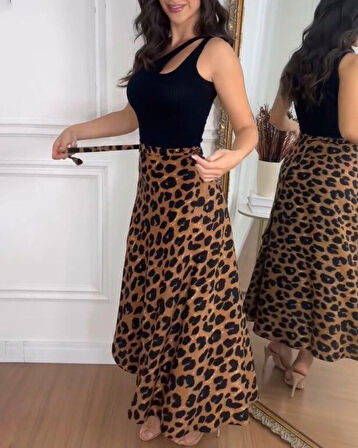 Reka Moda Kadın Belden Kuşaklı Desenli Süprem Etek