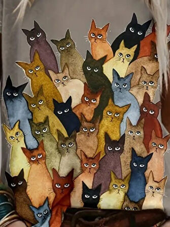 Reka Moda Kadın Kısa Kollu Bisiklet Yaka Kedi Desenli Süprem Bluz