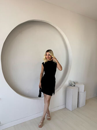 Reka Moda Kadın Kısa Kap Kollu Bisiklet Yaka Belden Bağlamalı Modal Mini Elbise