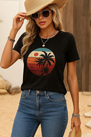 Reka Moda Kadın Kısa Kollu Palmiye Baskılı Viskon T-shirt