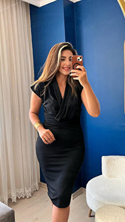 Reka Moda Kadın Kısa Kollu Kruvaze Yaka Krep Elbise (Kemersiz)