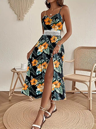 Reka Moda Kadın Ip Askılı V Yakalı Bel Güpür çiçek Desenli Yandan Yırtmaçlı Maksi Süprem Elbise