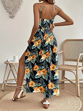 Reka Moda Kadın Ip Askılı V Yakalı Bel Güpür çiçek Desenli Yandan Yırtmaçlı Maksi Süprem Elbise