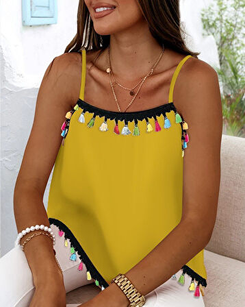 Reka Moda Kadın Ip Askılı Püskül Detaylı Sandy Bluz