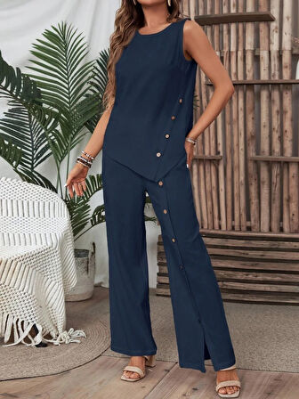Reka Moda Kadın Kolsuz Düğmeli Asimetrik Detaylı Bürümcük Bluz Ve Pantolon Takım