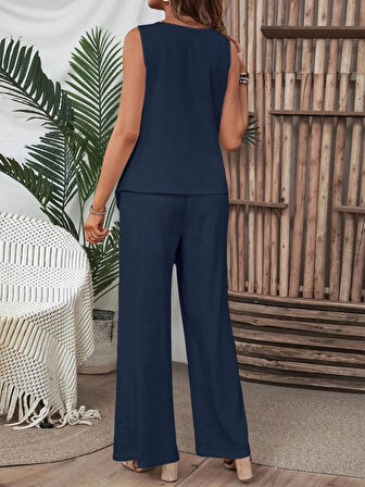 Reka Moda Kadın Kolsuz Düğmeli Asimetrik Detaylı Bürümcük Bluz Ve Pantolon Takım