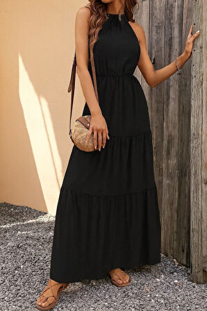 Reka Moda Kadın Kolsuz Halter Yaka Beli Lastiklidesenli Mikro Elbise