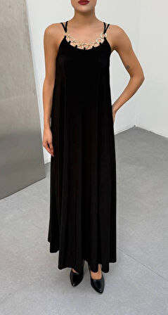 Reka Moda Kadın Omuz Askılı Kuş Gözü Zincir Detay Sandy Kumaş Maxi Boy Elbise