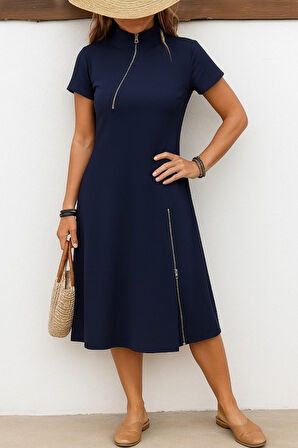 Reka Moda Kadın Kısa Kollu Yakadan Ve Etekten Fermuarlı Midi Viskon Iki Iplik Elbise