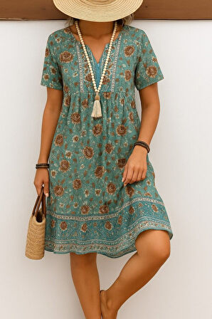 Reka Moda Kadın Kısa Kollu Yakası Bağcıklı önden Düğmeli Fırfır Desenli Süprem Elbise