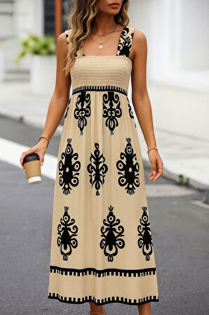 Reka Moda Kadın Askılı Kare Yaka Gipe Detaylı Desenli Suprem Elbise