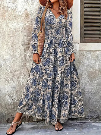 Reka Moda Kadın Uzun Kollu V Yakalı Desenli Süprem Elbise