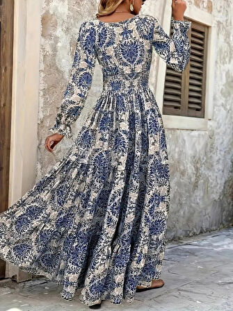 Reka Moda Kadın Uzun Kollu V Yakalı Desenli Süprem Elbise