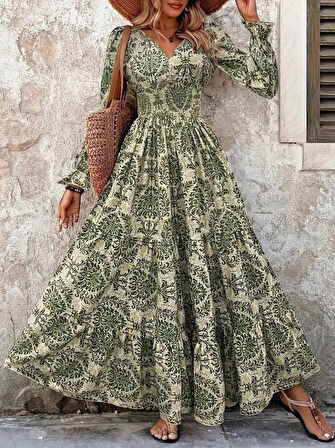 Reka Moda Kadın Uzun Kollu V Yakalı Desenli Süprem Elbise