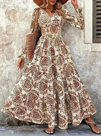 Reka Moda Kadın Uzun Kollu V Yakalı Desenli Süprem Elbise