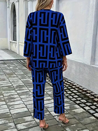 Reka Moda Kadın Uzun Kollu önü Açık Desenli Iki Iplik Ceket Ve Pantolon Ikili Takım