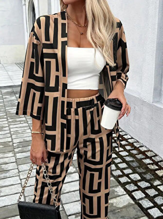 Reka Moda Kadın Uzun Kollu önü Açık Desenli Iki Iplik Ceket Ve Pantolon Ikili Takım